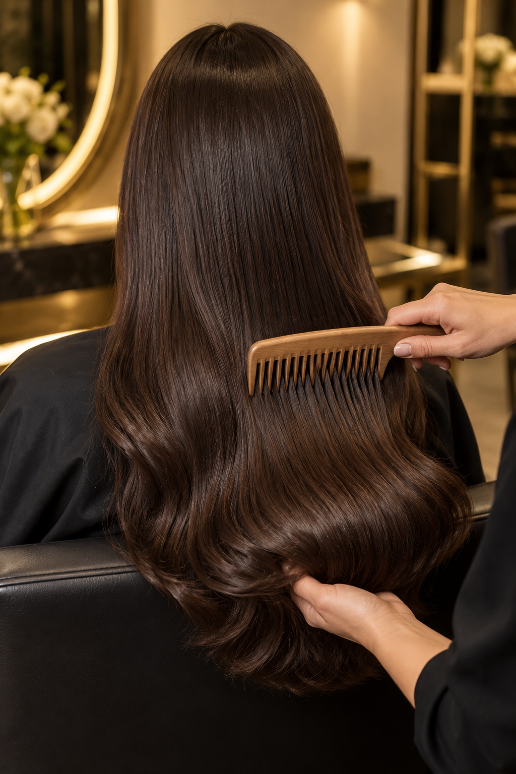 Cabello brillante durante el cuidado con peine de madera